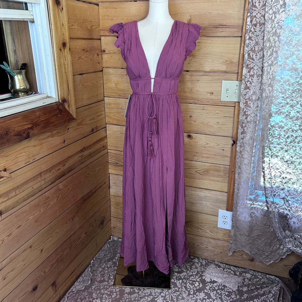 Azazie Mauve/Purple Ruffled Sleeve Maxi Dress
